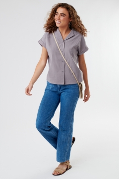 Notched Collar Neck Cuffed Sleeve Top
